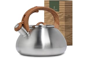 WALDWERK Teteras para fogón (2,3 L) – Tetera Hervidor apto para inducción y cocina de gas – Tetera inducción con asa de imitación madera – Pava con silbato, de acero inoxidable y plástico