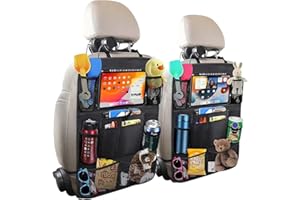 SURBOOTIME Car Storage Bag 2PCS, Child Seat Back Storage Bag, Back Seat Protector 10 Inch Tablet Holder, Car Tidy Bag with Kick Mat and 9 Pockets for Bottles, Toys, Books, Water Bottles, Umbrellas