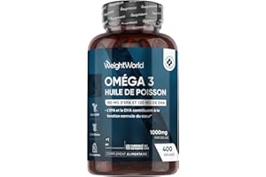 WEIGHTWORLD Oméga 3 Huile de Poisson 400 Gélules pour +1 An d'Apport, Fish Oil Omega 3 EPA DHA sans Odeur, Selon l'EFSA, l'EPA et le DHA Contribuent au Fonctionnement Normal du Cœur, Enrichi en Vitamine E