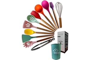 WSNDM Utensilios De Cocina De Silicona, 11 + 1 Piezas Utensilios De Cocina De Silicona, Con Mango, Espátula, Cucharas, Barbacoa, Ideal Para Su Familia Y Amigos En Acción De Gracias Navidad Cumpleaños