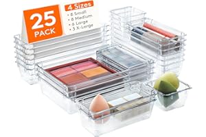 Lifewit 25pcs Drawer Organiser Set, Plastic Makeup Drawer Organiser, Clear Desk Drawer Dividers Tray for Cosmetic, Stationery and Gadgets, Draw Organizer for Dressing Table, Bathroom, Office, Bedroom