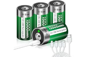 Palogreen 4 st USB D batteri uppladdningsbart litium/15 000 mWh – 1,5 V Mono D cellbatterier uppladdningsbara batterier Lr20