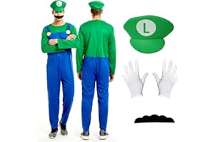 Jofiesu Party Costumes, 4 Pack Cosplay Costume Accessories Kits with Bodysuit, Luigi Hats Cap, Mustaches, White Gloves, Luigi Bros Fancy Dress Outfit Costume for Women or Men