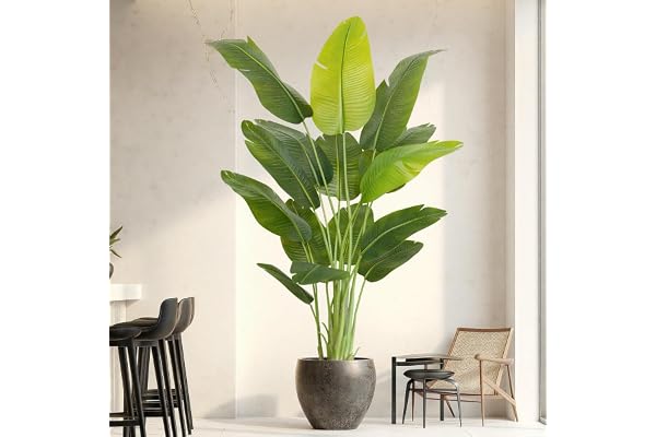 ZEEOZE Konstgjord paradisfågel 200 cm hög konstgjord tropisk palm Stora konstgjorda växter med vit kruka Stora konstgjorda växter för inomhusbruk med 15 bananblad för hem sovrum vardagsrum kontor