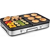 COSTWAY 3 in 1 Kitchen Griddle, Independent Adjustable Temperature | Electric Grill 2000W with 2 Reversible Plates, Non-Stick