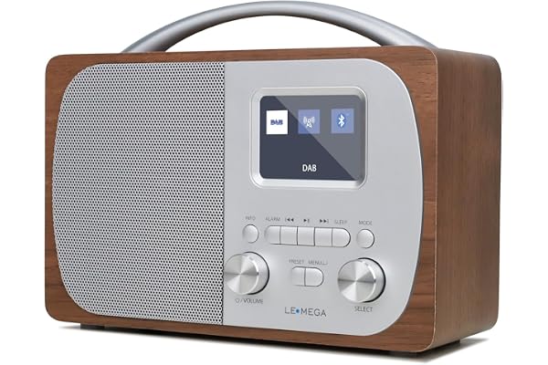LEMEGA DR5 Radio Numérique Dab/Dab+,Réveil Bluetooth avec Radio FM,Fonctionne sur Secteur ou Piles – Radio Compacte pour Cuisine ou Chambre avec Présélections,Boîtier en Bois et Finition Métal Brossé