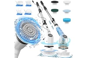 DLD Limpiador Giratorio eléctrico con Mango Largo, Limpiador de baño inalámbrico, 9 Cabezales de Repuesto, 3 velocidades Ajustables, Cepillo de Limpieza de Ducha con Mango Ajustable y Desmontable para