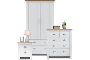 Blisswood 3 Piece Bedroom Furniture Set, 2 Door Wardrobe & 3+2 Drawer Chest of Drawer + 2 Drawer Bedside Table Cabinet Bedroom Set for Bedroom Storage furniture (White & Oak)