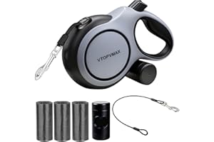 VTOPVMAX 8m Retractable Dog Lead for Medium/Large Dogs up to 50kg, Strong Heavy Duty Extendable Dog Lead with Chew-Proof Cable, 360 Tangle Free, One Hand Brake Lock & Poo Bag Holder (Black/Grey)