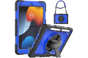 SEYMCY Case for iPad 9th/8th/7th Generation 10.2 inch, Shockproof Sturdy Case with Rotating Hand Strap/Stand, Screen Protector, Shoulder Strap, Pen Holder for iPad 9/8/7 Case 2021/2020/2019, Blue