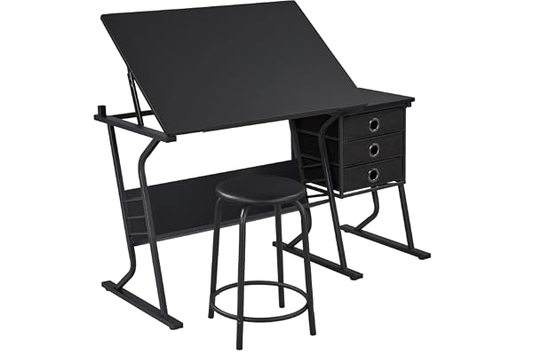 Yaheetech Ritbordsset, skrivbord med lutbar bordsskiva och sidobord med 3 lådor och rund stol och förvaringshylla för att skriva/läsa/måla/rita