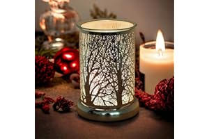 ASTIN OF LONDON Electric Scented Oil Burner and Wax Tart Melter Aroma Fragrance Diffuser Lamp with Silver Forest Silhouette Design