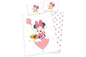 ARLE-LIVING 2 TLG. Baby Bettwäsche Wende Motiv: Minnie Mouse mit Herz - Flanell 100x135 cm + 40x60 cm (ohne Laken)