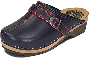 BeComfy Sabots en Cuir pour Femme avec imprimé Sandales Clogs Mules à Talons en Bois Blanc Model VK