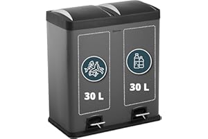 Homra Mülleimer Küche Neviq | Mülltrennsystem 60l | Mülleimer 2 Fächer | Edelstahl Mülltonne 2x30l | Abfalleimer Küche | Treteimer 2 Inneneimern | Tretmülleimer Recyclingeimer | Papierkorb | Grau