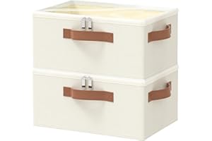 OUTBROS Cajas Almacenaje con Tapa, Cesta Organizadoras Tela, Caixas de Armarios de Ropa, Contenedor de almacenamiento plegables, 38x26x15 cm, Beige, 2 Piezas