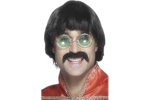 Smiffys 70s Mersey Wig & Tash, Black Short Styled, 1970's Disco Fancy Dress, 1970s Dress Up Wigs