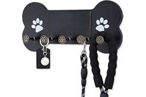 Nekon Dog Leash Holder for Wall - Wooden Key Holder Wall Mount for Entryway Organization - Pets Accessories Storage with Chalkboard and Hooks (Black)