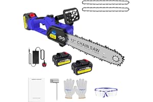 LUCN 12" Brushless Electric Cordless Chainsaw Power Saw Wood Cutter 2 Battery&Charger, 2x4000MAH Rechargeable Battery, Auto-Tension and Anti-Vibration