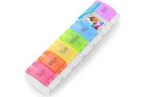 Boxsik - Pill Box Organiser - Rainbow Tablet Box - 7-Day 1 Time a Day Medicine Storage Case w/ Push Button Opener, Weekly Pills Container