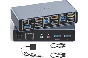 Alxum HDMI Conmutador KVM 2 monitores 2 ordenadores-4K60Hz, Pantalla extendida/espejo HDMI, con 3 puertos USB 3.0 Soporta control de cables de escritorioIncluye 2 cables USB3.0