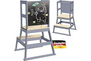 ‎BABY VIVO Baby Vivo Lernturm aus Holz - Tower Küche Kindermöbel Learning Tower - Schemel Lerntower für Kinder ab dem Stehalter - Tritthocker mit Tafel Montessori Küchenhelfer Lernstuhl in Grau