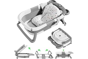 Mexgcom Baby Badewanne, Faltbar Baby Badewanne mit Rutschfestem Badekissen, Ergonomische Babywann mit Integriertem Thermometer für Neugeborene Von 0-36 Monaten (Grau)
