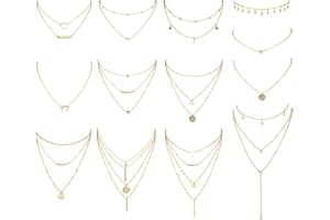 CASSIECA 13 Pièces Multicouche Collier Sexy pour Femmes Filles Collier Délicat avec Petites Cœur Etoile Lune Collier Pendentif Boho Charme Collier Ras du Cou Longue Chaîne Collier Ensemble