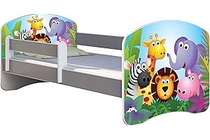 ACMA Letto per Bambino Cameretta per Bambino con Materasso Cassetto II Grigio (01 Zoo, 140x70 cm)