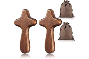 HUSOUE Wooden Cross, 2PCS Mini Olive Wood Holding Cross Comfort Hand Held Crosses Pine Crucifix with Portable Pocket for Kids Adults Religious Christian Prayer Meditation (Brown)
