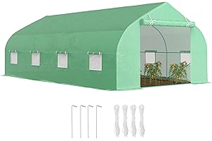 Outsunny Serra a Tunnel 6x3x2m con 8 Finestre e Porta Avvolgibile, Serra per Orto con 4 Picchetti e 4 Funi Incluse, in Acciaio e PP, Verde