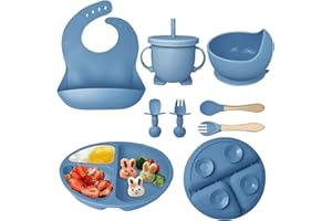 Hoidokly Kinderteller Sets Silikon, 8 Stücke Geschirr Rutschfest mit Saugnapf BabyTeller, Schüssel, Einstellbar Lätzchen, Tasse, Löffel Gabel, BPA Freie Spülmaschine und Mikrowelle Safe - Navy Blau