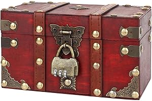 FENYW Cofre del tesoro de madera vintage, cofre del tesoro con cerradura de combinación, caja del tesoro de madera con candado, adecuado para guardar y decorar, 18 x 11,5 x 10,5 cm