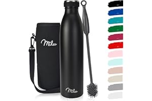 Milu z nierdzewnej stali Butelka do picia 500ml, 750ml, 1000ml - termos, izolowana butelka na wodę, szczelna izolowana butelka o podwójnych ściankach, odporna na kwas węglowy - w zestawie szczotka do czyszczenia (Czarny, 1000 ml)