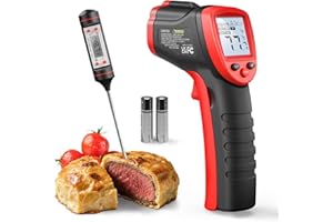 Eventek Thermometre Cuisine, -50°C 600°C(-58°F~1112°F) Thermometre Laser avec Thermomètre à Viande, Sans Contact avec 0,1-1,0 Emissivité Réglable, thermometre Infrarouge pour Cuisine/BBQ/four a pizza