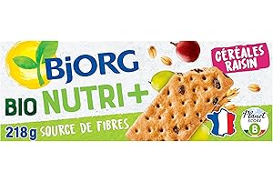 BJORG - Nutri+ - Biscuits Céréales Raisins - Biscuits Bio - Au Blé Complet - 33% de Fruits - Sans Huile de Palme - Riche en Fibres - 218 g