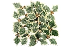 UZEXYO 30 Pcs Artificial Holly Leaves with Gold Berries Variegated Holly Stems for Christmas Decorations Wreath Making Craft Supplies and Gift Wrapping Accessories