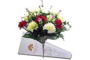 BAGARI STORE Bagari 41cm Artificial Flowers for Graves Cemetery- Fake Plastic Bunch of 16 Heads- Large Mixed Bush Ivory-Red-Light Green Delivery Next Day Prime-Fresh Bouquet for Outdoot & Indoor Events Home Decor