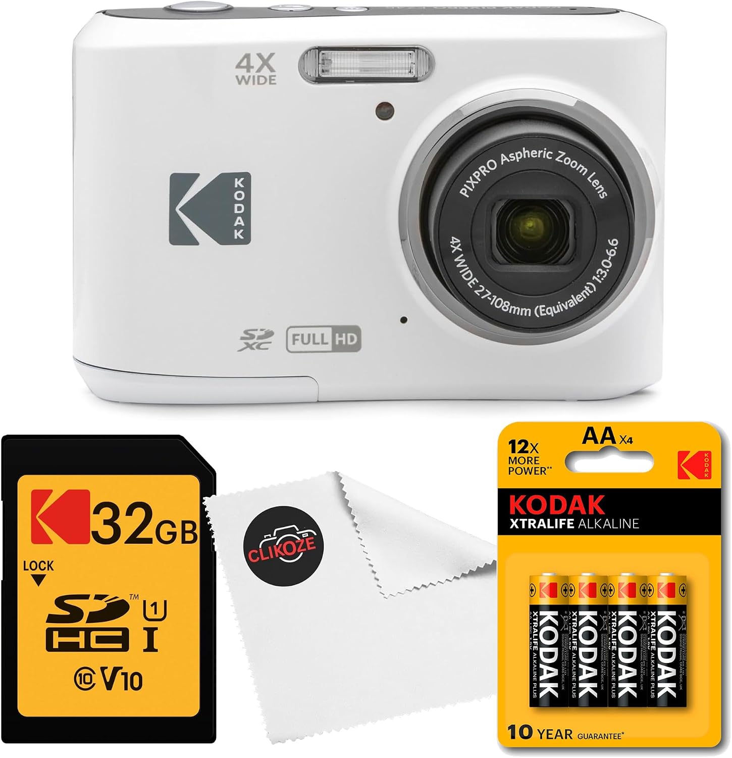 Kodak PIXPRO FZ45 Digital Camera (White) Bundle with 32GB Class 10 SDHC Memory Card, Kodak AA Xtralife Batteries (4-Pack) and Clikoze Lens Cloth