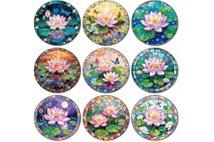 ANATTASOUL 9Pcs Loto y Estanque Posavasos Madera, Posavasos De Madera, Reutilizables, Redondos, Coasters, Taza para Café, Bar, Cocina, Restaurante