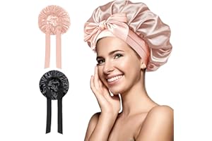 DOOYILETS 2 Stück Seidenhaube zum Schlafen, Satin Bonnet Nacht Schlafmütze, Satin Haarhaube die Nachthaube mit Gummiband für Geeignet, Schlafen, Hautpflege, Haarschutz, zum Schminken usw (Schwarz und Pink)