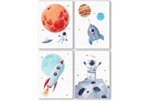 Pandawal Kinderzimmer Bilder für Junge und Mädchen Weltraum/Astronaut/Planeten Deko 4er Poster Set (S2) für Kinder Wandbilder im DIN a4 Format Kinderposter