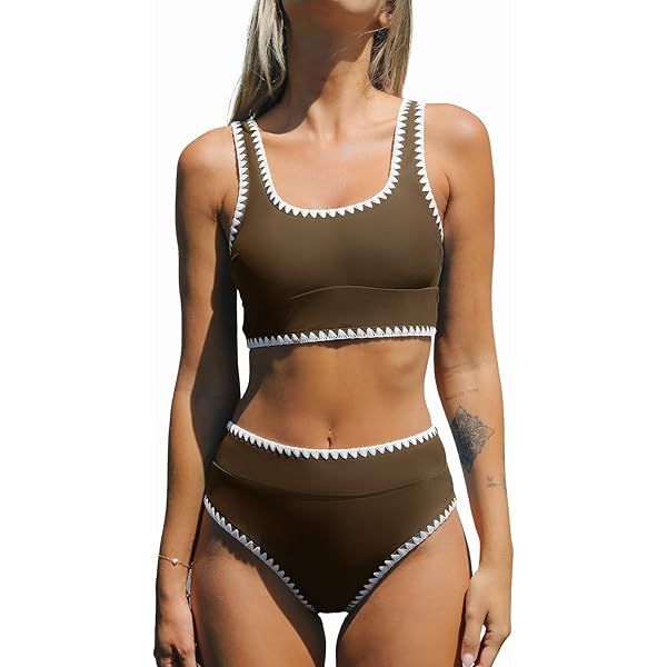 CUPSHE Dames bikini set U-hals hoge taille tank sport bikini gestructureerde badmode tweedelig badpak zwempak, bruin, S