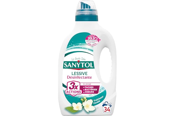 Sanytol - Lessive Désinfectante - Fleurs Blanches - 1,7 L - Tout Type de Linge, Préserve Fibres et Couleurs à Toutes Températures - Bactéricide, Virucide - Sans Javel