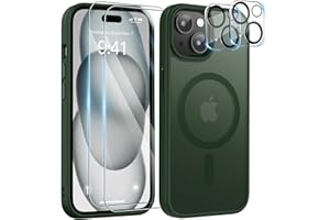 YisrLery 5-in-1 Kompatibel mit iPhone 15 Hülle für Mag Safe mit 2 Stück Schutzfolie und 2 Stück Kameraschutz Militärnorm Schutz, PC Kratzresistente Rückseite Stoßfest Magnetische Hülle(Dunkelgrün)