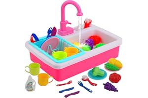 MAYCOLY Kids Kitchen Play Sink Toy Set Pretend Role Play Kitchen Toys Kitchenware Toys Set with Running Water Cycle System,Plays Food and Cutting Plays for Boys Girls 3 4 5 6 7 Years Old(Pink)