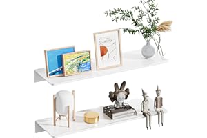 HNVNER Etagere Murale Blanche en Metal 2 Pièces, Tablette Murale en Aluminium sans Percage, Anti-Rouille, Largeur 40cm pour Décoration & Rangement dans Salon, Chambre, Salle de Bain