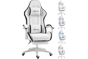Vinsetto Computer Gaming Chair, PU Leather Office Desk Chair with Footrest, Swivel Wheels, 135° Reclining Back, Lumbar Support, Headrest for Home, White and Black
