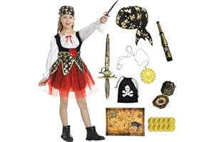 WELLCHY Costume de Pirate pour Enfants, Deguisement de Pirate Accessoire avec Chapeau Cache Oeil Compass, Costumes de pirate pour Garçons 4-10 Ans pour Carnaval Halloween