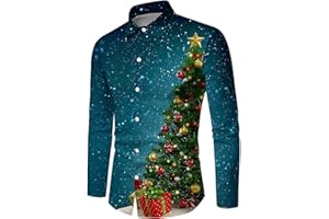 GÉNÉRIQUE Chemise Noel Homme Manches Longues, Chemise HawaïEnne Homme Slim Fit-Blouse De Travail à Revers Classique Haut Christmas Motif 3D Drole Print Tee Shirt EléGant Bouton Pas Cher Noel Tunique